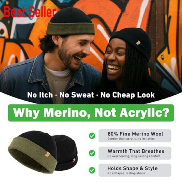 Merino Wool Fisherman Beanie Dual Layer Knit Hat Large Head Fit main image 6